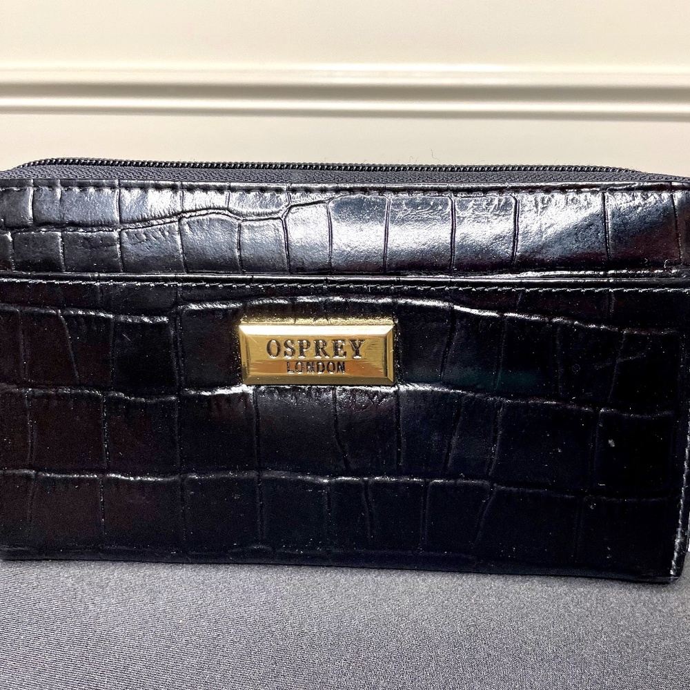 BNWT Osprey London Womens Black Leather Mock Croc Matinee Purse Wallet / Clutch